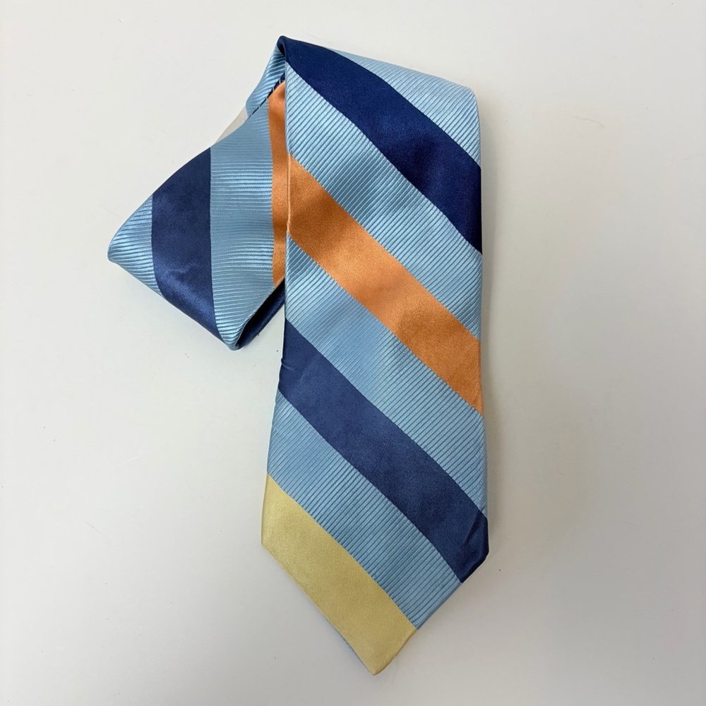 Tommy Hilfiger Diagonal Striped Blue Orange and Yellow 100% Silk Tie